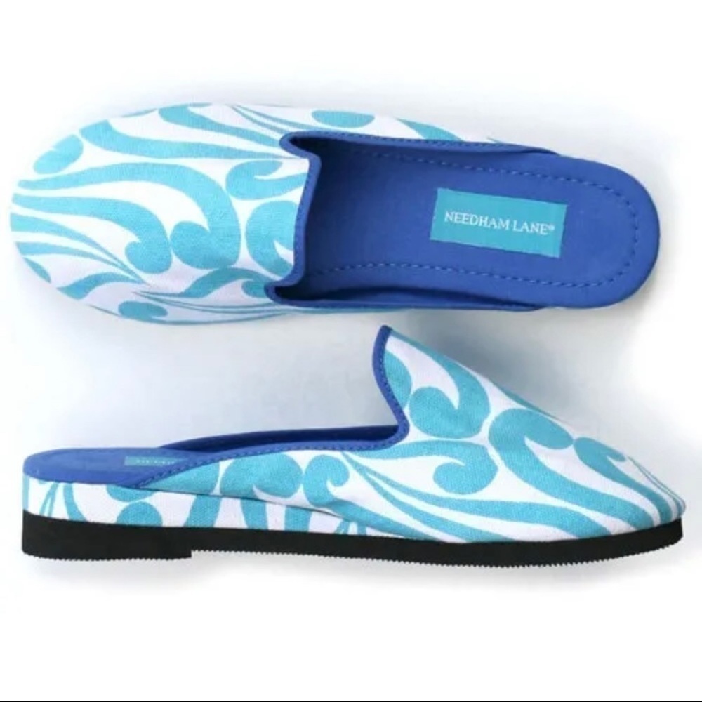 Needham Lane Women Sz S 6-7 Blue Turquoise Mule Canvas Smoking Slipper NEW